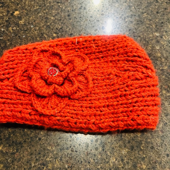Accessories - Handmade red orange Knit headband- warm with Flower